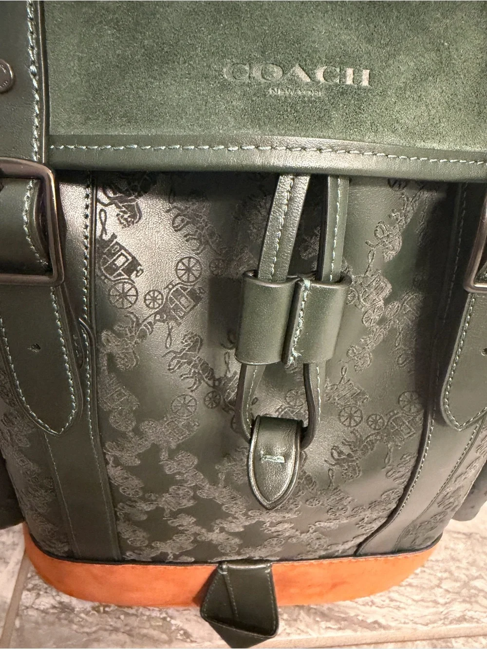 Coach Forest Green Signature Stagecoach Leather Backpack with Brown Suede Base